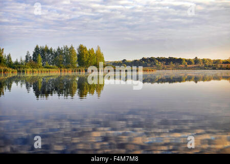 Paesaggio di acqua con le nuvole e la riflessione di autunno alberi in acqua Foto Stock