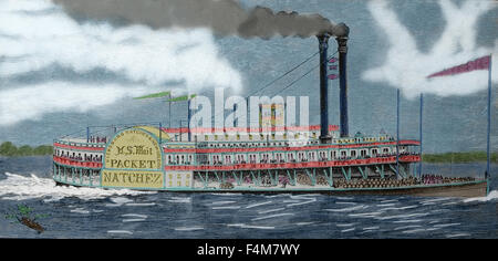 EEUU. Lousiana. Steamboat navigando sul fiume Mississippi. Incisione. Xix secolo. Colore. Foto Stock