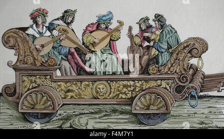 L'Europa. L'Italia. Carrello con musicisti di suonare strumenti musicali diversi. Renaissance. Incisione. Colorazione successiva. Foto Stock