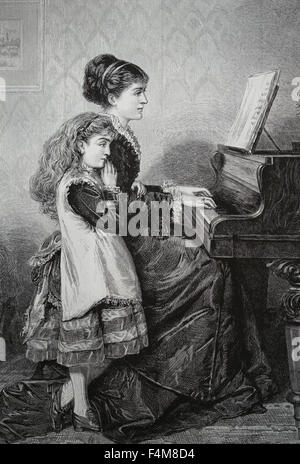 Musica per pianoforte lezione. La madre e il bambino suonare il pianoforte. Incisione. Xix secolo. Foto Stock