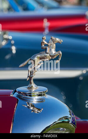 Cavallo e fantino ornamento del cofano su un classico auto d'epoca Foto Stock