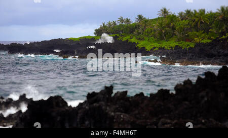 Delle onde dell'oceano pacifico break contro la roccia vulcanica nera costa di Maui Foto Stock