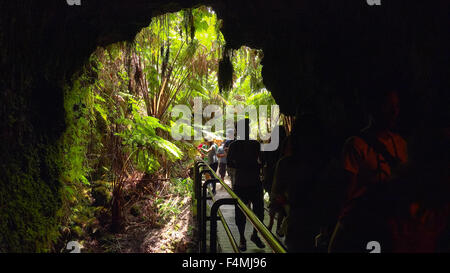 I turisti di entrare nel Thurston tubo di lava nel Parco Nazionale dei Vulcani delle Hawaii Foto Stock