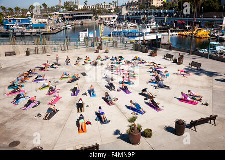 Un folto gruppo di persone di eseguire lo Yoga a Redondo Beach;California;USA;l'America Foto Stock