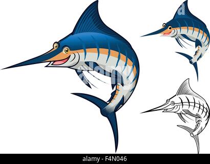 Alta Qualità Blue Marlin personaggio dei fumetti includono design piatto e Line Art versione Illustrazione Vettoriale