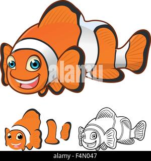 Comune di alta qualità Clownfish personaggio dei fumetti includono design piatto e Line Art versione Illustrazione Vettoriale