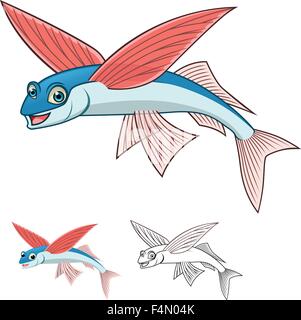 Alta qualità Flyingfish personaggio dei fumetti includono design piatto e Line Art versione Illustrazione Vettoriale