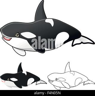 Alta qualità Killer Whale Orca personaggio dei fumetti includono design piatto e Line Art versione Illustrazione Vettoriale