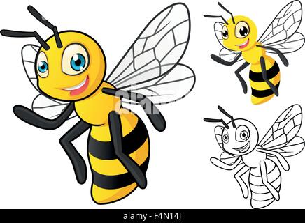 Dettagliato Honey Bee personaggio dei fumetti con design piatto e Line Art versione in bianco e nero Illustrazione Vettoriale