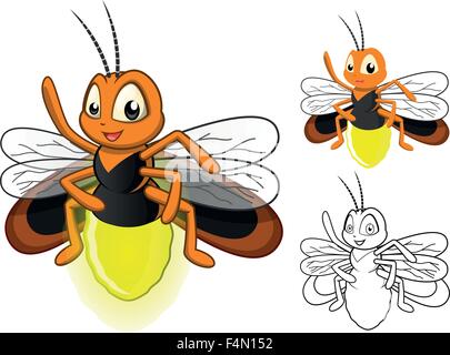 Lucciola dettagliata personaggio dei fumetti con design piatto e Line Art versione in bianco e nero Illustrazione Vettoriale