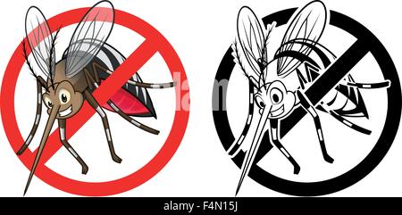 Segnale di divieto Mosquito personaggio dei fumetti con la versione in bianco e nero Illustrazione Vettoriale