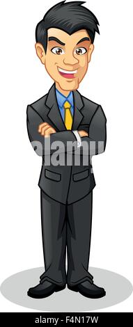 Boss con bracci ripiegati vestita di nero rivestire carattere Cartoon illustrazioni vettoriali Illustrazione Vettoriale