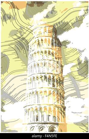 Famosa torre pisana resi con effetti di incisione. Illustrazione Vettoriale