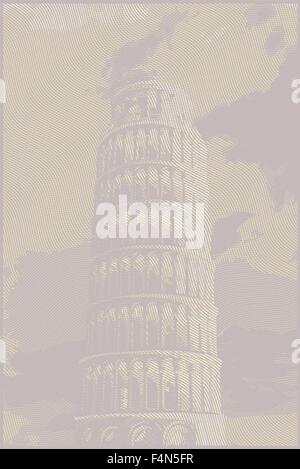 Famosa torre pisana resi con effetti di incisione. Illustrazione Vettoriale