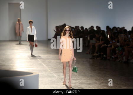 Sao Paulo, Brasile. Xix oct, 2015. I modelli presenti creazioni della collezione invernale da animale durante il Sao Paulo Fashion Week, in Sao Paulo il Ott 19, 2015. Credito: Rahel Patrasso/Xinhua/Alamy Live News Foto Stock