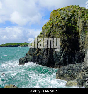 Scovarn Isola, Mullion Cove, penisola di Lizard, Cornwall, Regno Unito Foto Stock