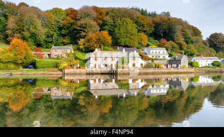 In autunno i riflessi di una fila di case sul fiume Lerryn in Cornovaglia Foto Stock