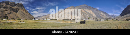 Suggestivo panorama del remoto villaggio con campi di grano in Tagikistan sul giorno di sole Foto Stock