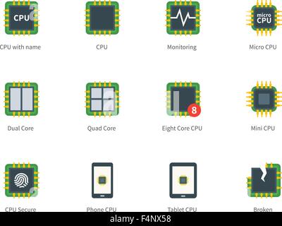 Moderno processore del computer le icone a colori su sfondo bianco. Illustrazione Vettoriale