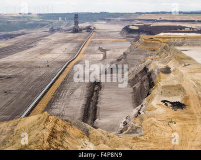 Benna-escavatore a ruote nel paesaggio cratered della superficie campo minerario a Garzweiler, più grande della Germania a cielo aperto pit. Foto Stock