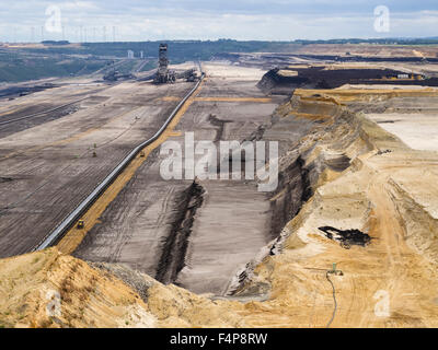 Cratered paesaggio della superficie campo minerario a Garzweiler, più grande della Germania a cielo aperto pit per l'estrazione di lignite. Foto Stock