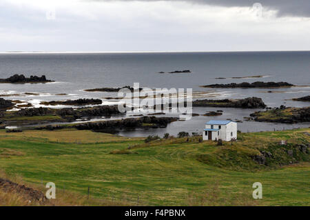 Isola di Islanda, Islanda fiordi, una solitaria casa in un paesaggio sul lato di un fiordo islandese Foto Stock