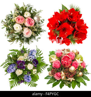 Bouquet di fiori per Natale e Capodanno Vacanze. Rose, amaryllis, giacinto, protea isolati su sfondo bianco Foto Stock