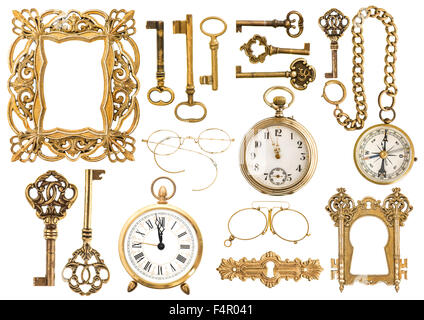 Collezione di antichi golden accessori. Vintage cornice immagine, chiavi, orologio, bussola, occhiali Foto Stock