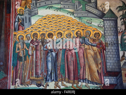 Affresco murale nel Monastero di Horezu Hurezi, nell ovest della Valacchia, Romania, ai piedi delle montagne dei Carpazi. Il monaster Foto Stock