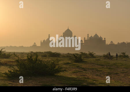 La mattinata nebbiosa vista del Taj Mahal con durante il Sunrise dal fiume Yamuna Agra, India. Foto Stock