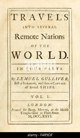 Pagina del titolo da 'Viaggi in varie nazioni remote del mondo' meglio conosciuto come 'I Viaggi di Gulliver' di Jonathan Swift (1667-1745). Vedere la descrizione per maggiori informazioni. Foto Stock