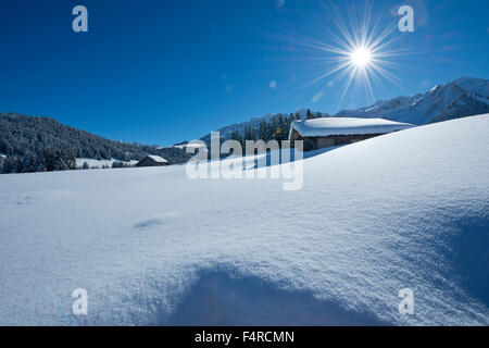 Les muschi, montagna, montagne, chalet, neve, Vaud, VD, Alpes vaudoises, Vaud Alpi, Alpi, Svizzera inverno, pass, Col des Mo Foto Stock