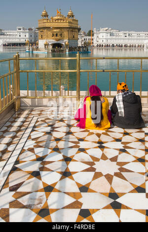 Asia, India, Punjab, Amritsar e tempio d'Oro, la religione Sikh, santuario santa, pellegrino, giovane, sedersi, piscina, viaggi, landmark, pregare, Foto Stock