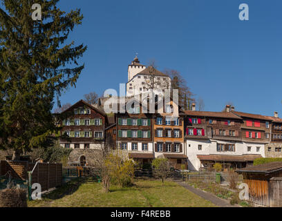 La Svizzera, Europa, Canton San Gallo, villaggio, foresta, legno, alberi, inverno, Werdenberg, castello, Städli, Foto Stock