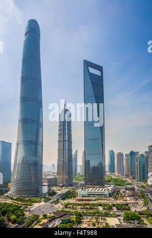 Cina Shanghai City, il quartiere di Pudong, Lujiazui, il World Financial Center, Jinmao building e Shanghai Tower Foto Stock