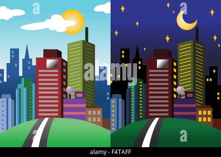 Una illustrazione vettoriale di giorno e di notte di una città moderna Illustrazione Vettoriale