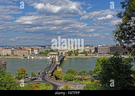 Montare Buda, Clark Adam ter, Piazza Adam Clark,, il Danubio, il ponte di sospensione, Szechenyi lanchid Foto Stock