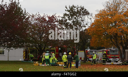 Fareham, Hampshire, Regno Unito. 22 ottobre, 2015. I lavoratori di una fabbrica sono state evacuate a seguito di una fuoriuscita di sostanze chimiche. L'incidente è accaduto oggi poco prima delle 3 di pomeriggio a società aerospaziale Eaton, nelle opere di Abbazia, Southampton Road, a Titchfield. Pubblicità Hampshire Fuoco e servizio di salvataggio è stato chiamato e due ufficiali stanno indagando. Un incendio portavoce ha detto: "Siamo stati chiamati a 2,57 pm di Abbey Park a trattare di una fuoriuscita di acido cloridrico da un contenitore. "Stiamo cercando di vedere la misura, tuttavia nessuno è rimasto ferito. Credito: uknip/Alamy Live News Foto Stock