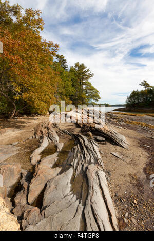 La costa del Maine presso il parco statale Wolfe's Neck Woods, Casco Bay Freeport, Maine, Stati Uniti d'America Foto Stock