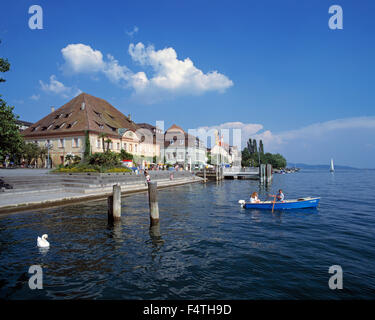 Germania, Europa, Baden-Württemberg, Ueberlingen, Lake Shore promenade, grain store, Greth, Linzgau, Lago di Costanza, imbarcazione a remi, Foto Stock