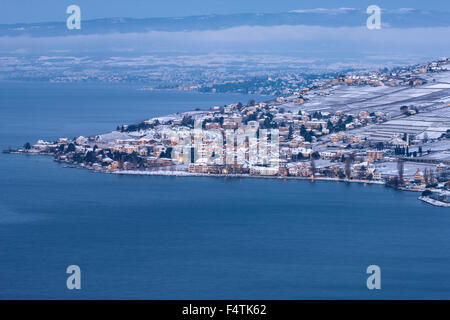 Cully, Svizzera, del cantone di Vaud, sul lago di Ginevra, Leman, inverno, mattina, crepuscolo, crepuscolo, Foto Stock