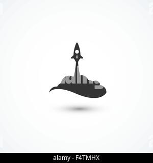 Razzo nero e cloud, icona in stile piatto isolato su sfondo bianco, illustrazione vettoriale Illustrazione Vettoriale