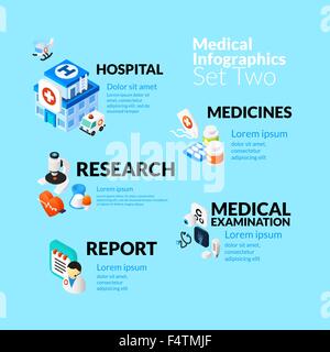 Delle cure mediche ed infografico impostato con isometrica Icone piana, inclusi i medicinali in ospedale la ricerca medica concetto di report Illustrazione Vettoriale