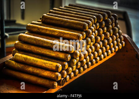 Arrotolate a mano i sigari cubani impilati in fabbrica di sigari e le aree di lavoro Foto Stock