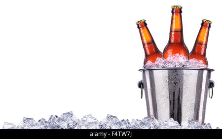 Bottiglie di birra nel secchiello del ghiaccio isolato su sfondo bianco Foto Stock