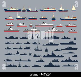 Set di sagome di navi, costituito da numerose navi da guerra, navi militari, yacht e navi da crociera, navi e imbarcazioni da diporto Illustrazione Vettoriale