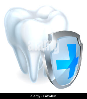 Un dente il concetto di protezione di un colore bianco lucido dente essendo protetto da un icona dello scudo Foto Stock