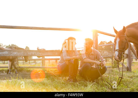 Coppia con cavallo parlando nel soleggiato pascolo rurale Foto Stock