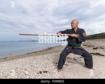 Kensho Tokumura, Hanshi 9th-dan Dento Ryukyu Kobujutsu Hozon Budo Kyokai formazione sulla spiaggia Heshikiya, Katsuren, Okinawa. 德村 賢昌 Foto Stock