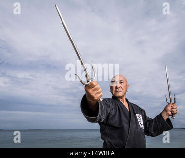 Kensho Tokumura, Hanshi 9th-dan Dento Ryukyu Kobujutsu Hozon Budo Kyokai formazione sulla spiaggia Heshikiya, Katsuren, Okinawa. 德村 賢昌 Foto Stock